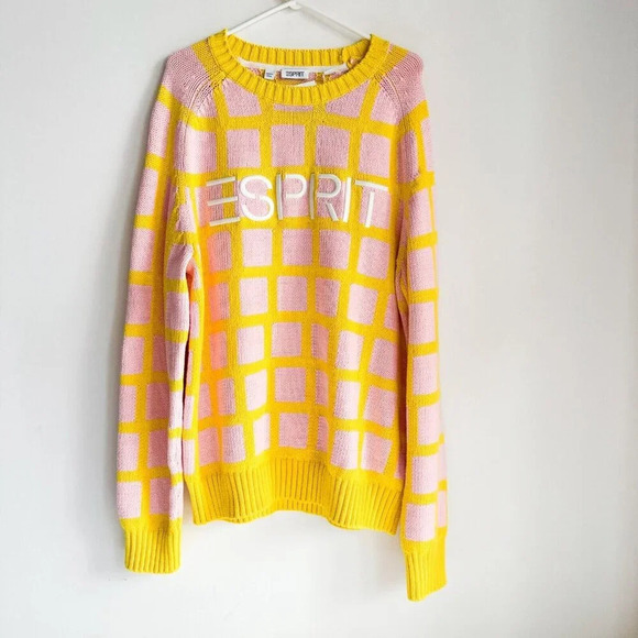 Espirit Pink Yellow Plaid Preppy Men's Sweater XL - Picture 4 of 10